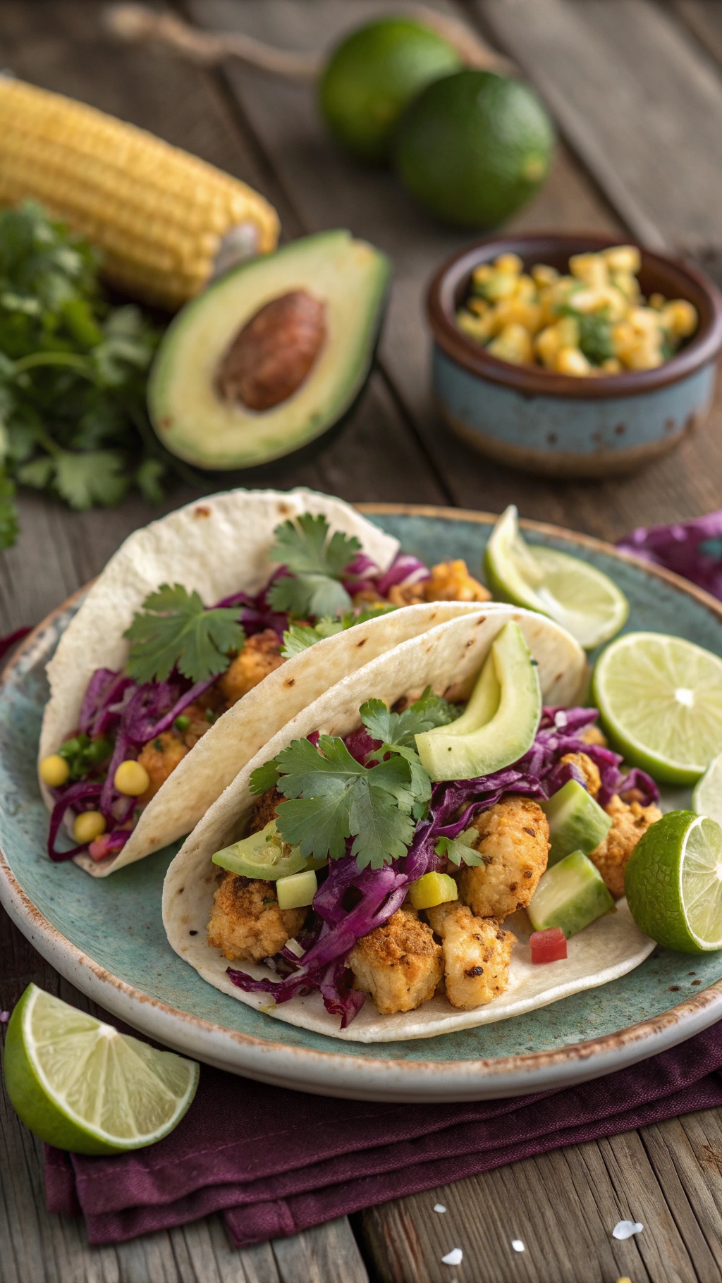 Deliciously spiced cauliflower tacos with toppings and lime wedges
