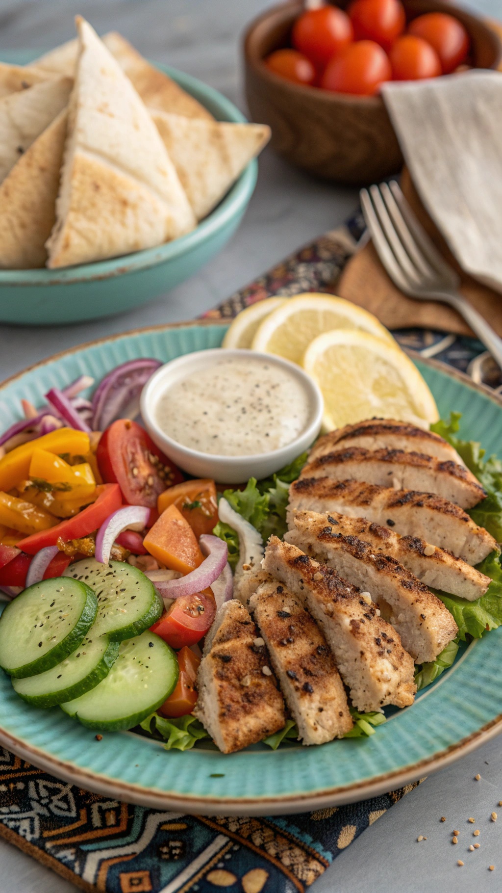 A plate of grilled chicken shawarma served with fresh vegetables and tahini sauce.