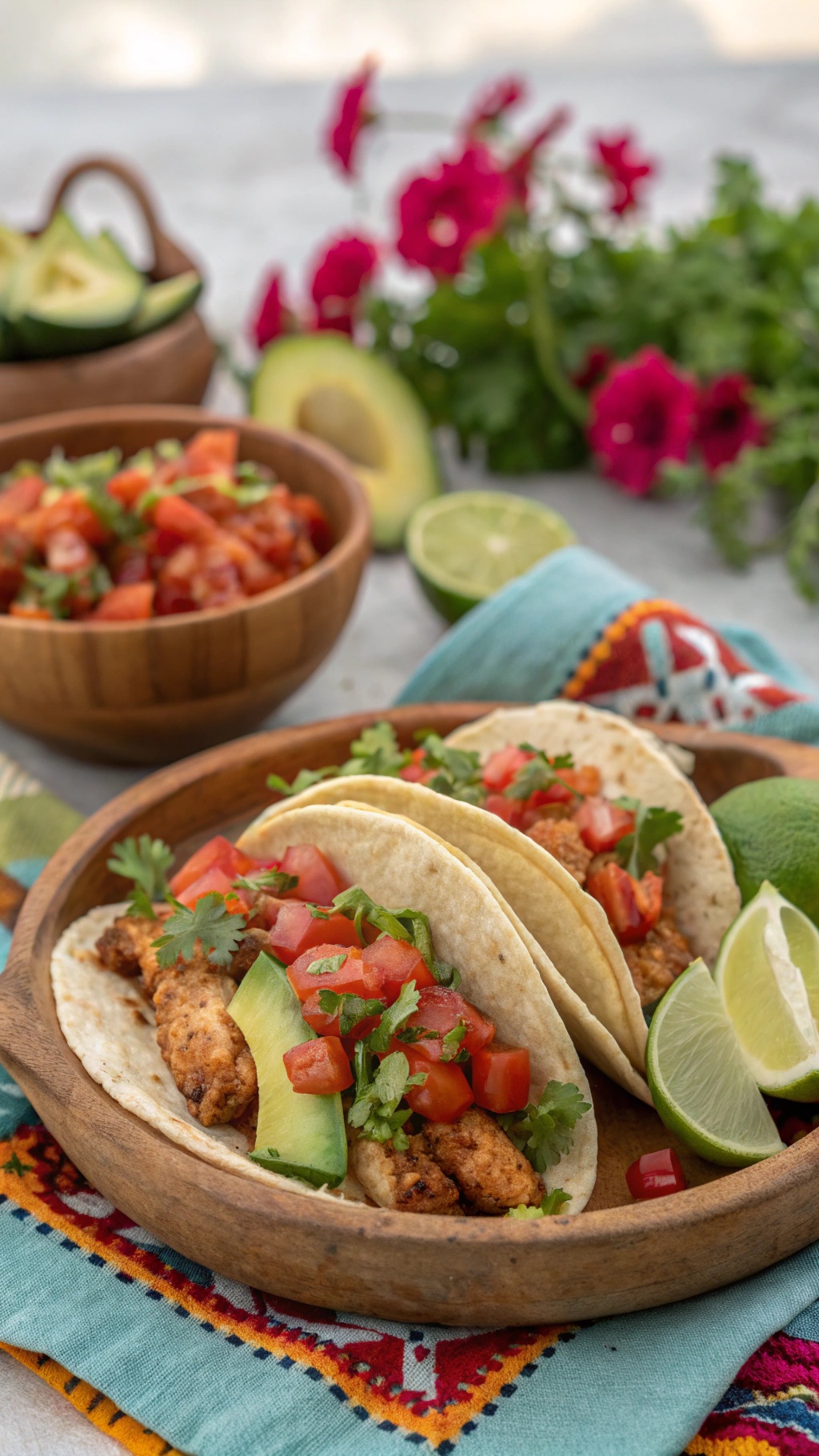 Delicious chicken tacos topped with fresh tomatoes and cilantro, served with lime and avocado.