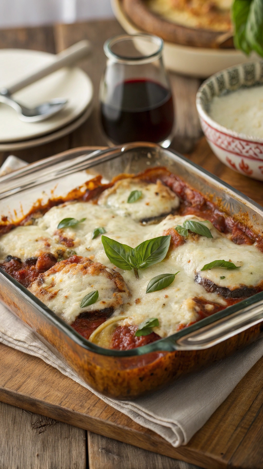 A deliciously baked eggplant parmesan with melted cheese and fresh basil on top.
