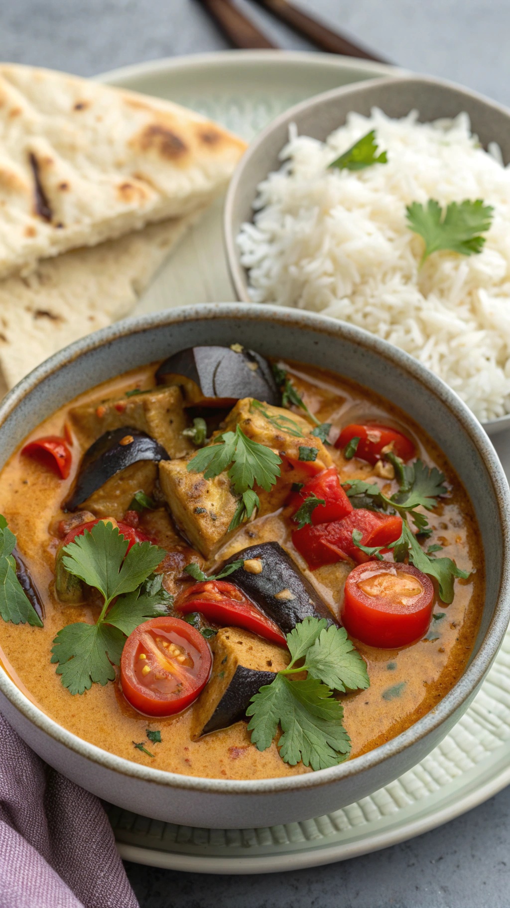 A bowl of vegan eggplant curry with rice and naan on the side.