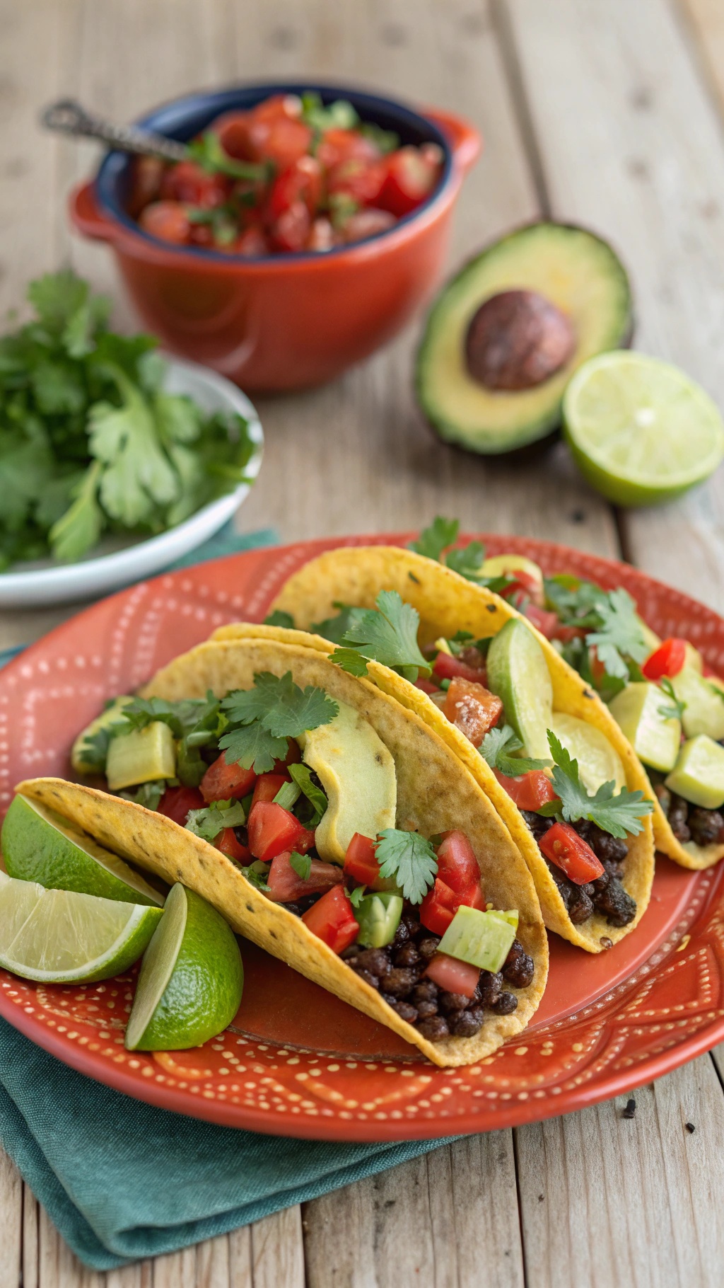 A plate of black bean tacos topped with fresh vegetables and lime wedges