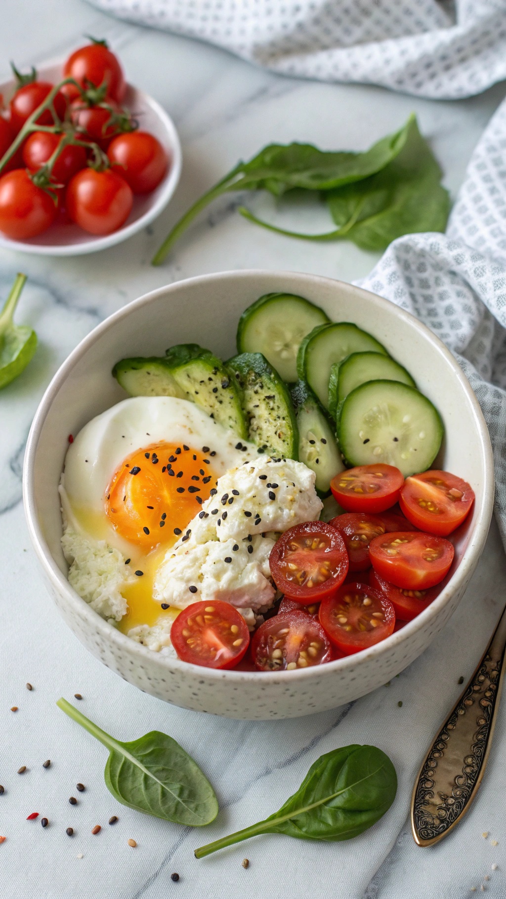 A protein-rich egg and cottage cheese bowl with cherry tomatoes, cucumber slices, and spinach.