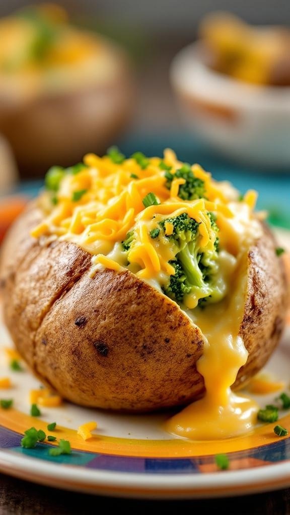 A baked potato stuffed with broccoli and cheddar cheese, topped with green onions.