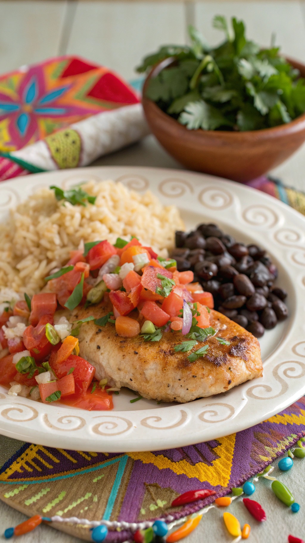A plate of Spicy Salsa Chicken with rice and black beans, garnished with fresh salsa and cilantro.