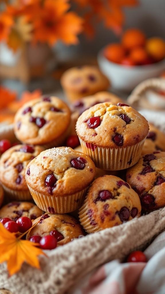 A basket filled with cranberry orange muffins surrounded by autumn leaves and small oranges.