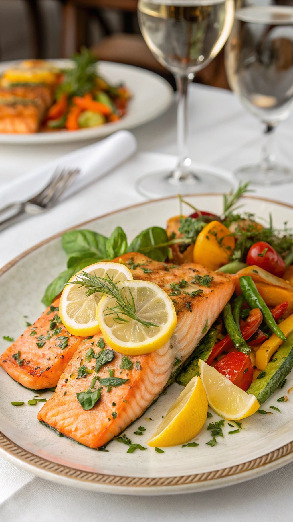 A plate of lemon herb grilled salmon with fresh vegetables and lemon slices, accompanied by a glass of white wine.