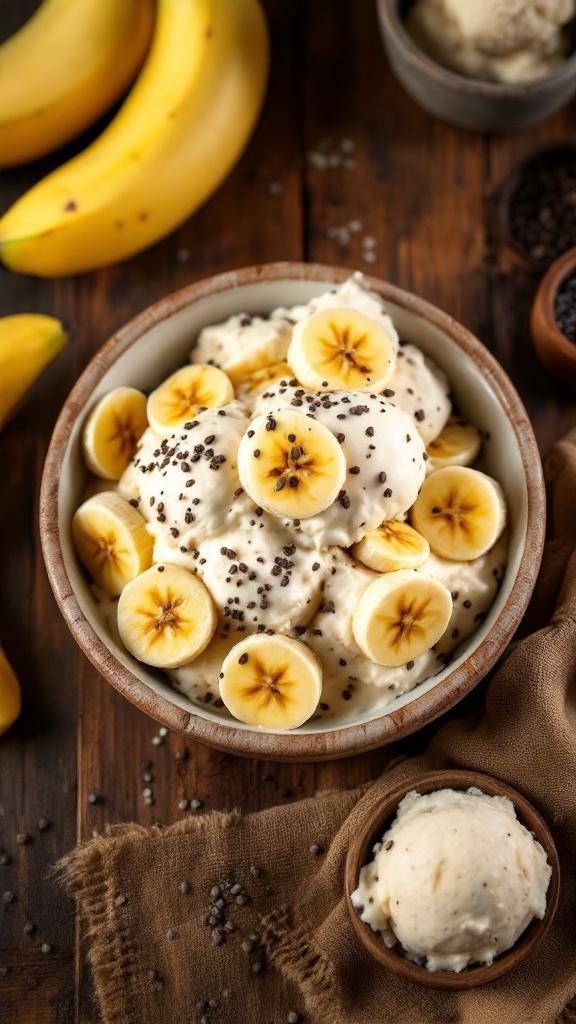 A bowl of banana ice cream topped with banana slices and chocolate chips, with fresh bananas in the background.