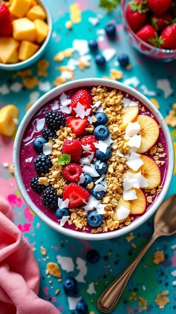 A colorful berry protein smoothie bowl topped with granola, fresh fruits, and coconut flakes.