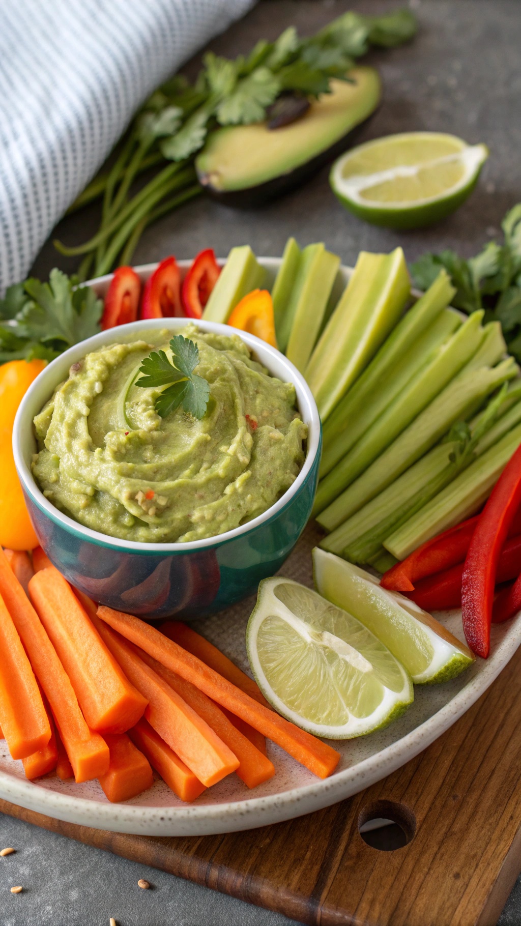 A bowl of guacamole surrounded by fresh vegetable sticks including carrots, celery, and bell peppers, with lime wedges on the side.