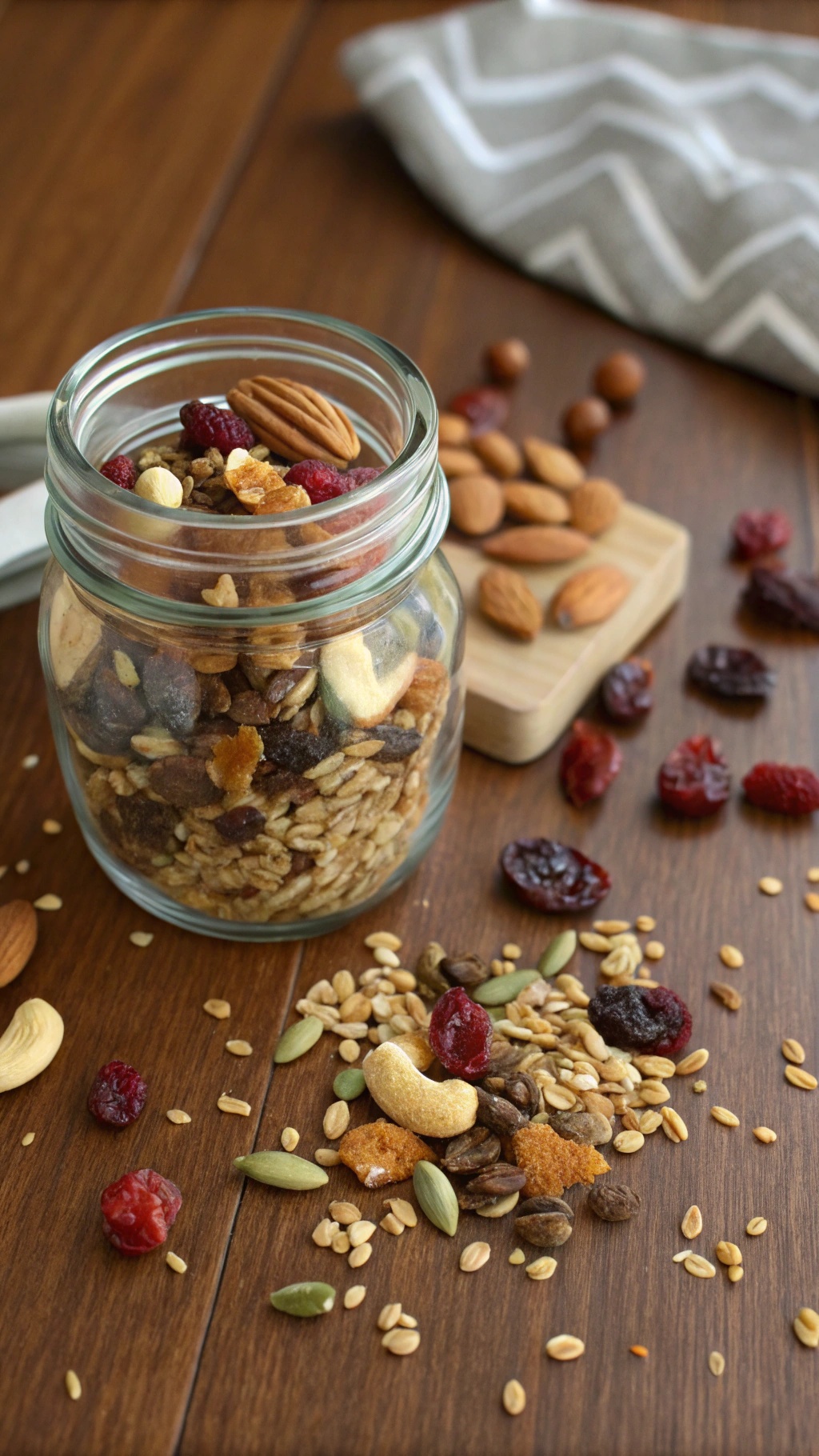 A jar filled with colorful trail mix containing nuts, seeds, and dried fruits.