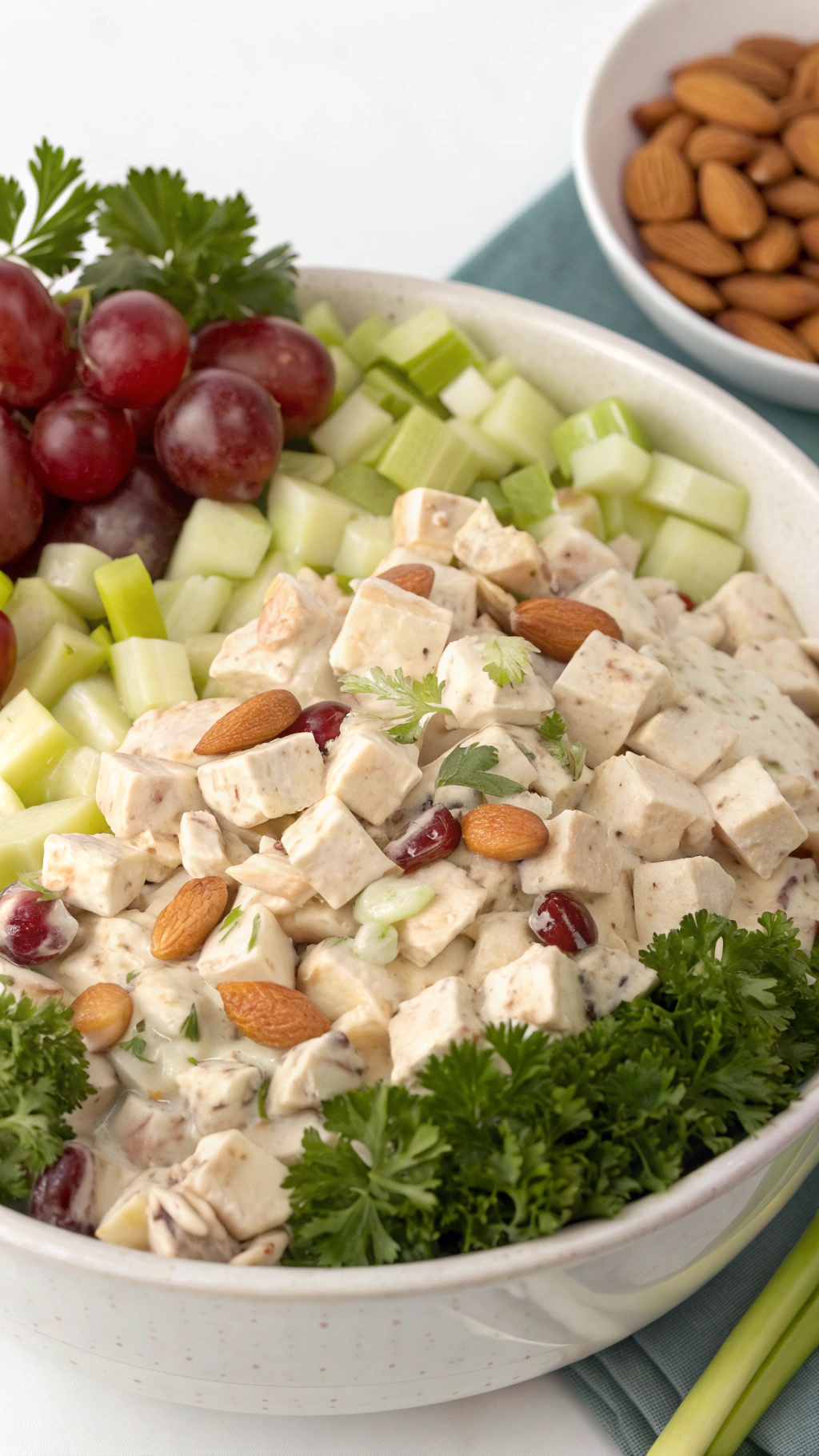 A bowl of Greek yogurt chicken salad with celery, grapes, and almonds, garnished with parsley.