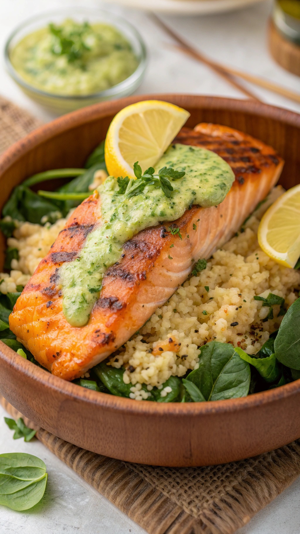 A delicious Lemon Herb Salmon Bowl featuring grilled salmon, couscous, fresh spinach, and a creamy herb sauce.