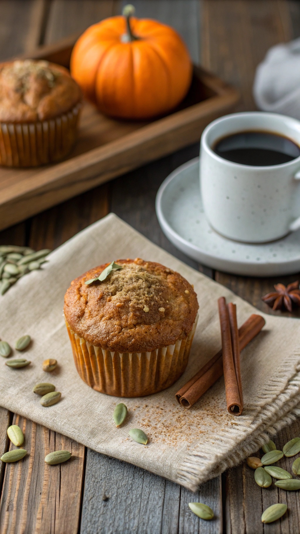 A cozy scene featuring low-carb pumpkin muffins, a small pumpkin, and a cup of coffee on a wooden table.