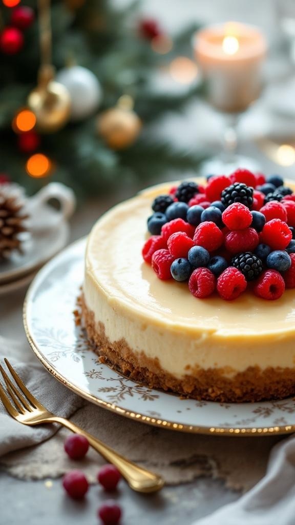 A festive low carb cheesecake topped with fresh berries, set against a holiday backdrop.