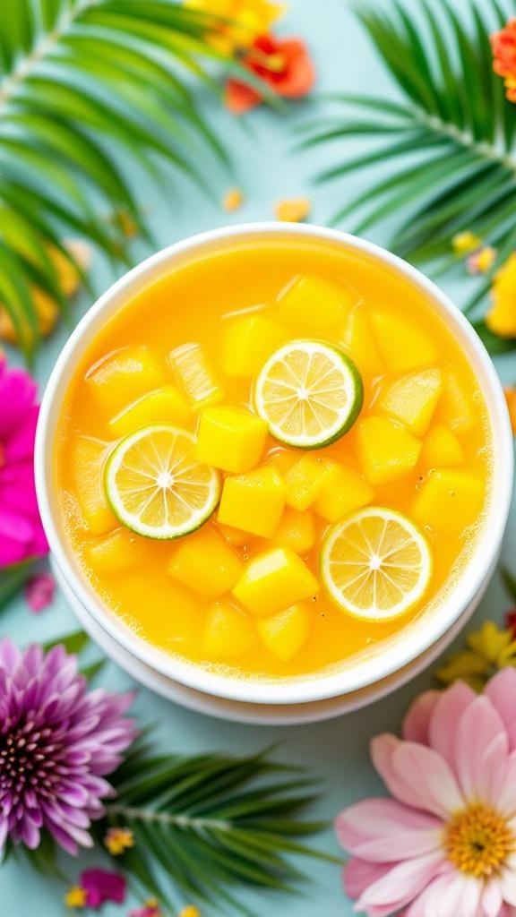 A bowl of mango lime punch with diced mango, lime slices, and colorful flowers