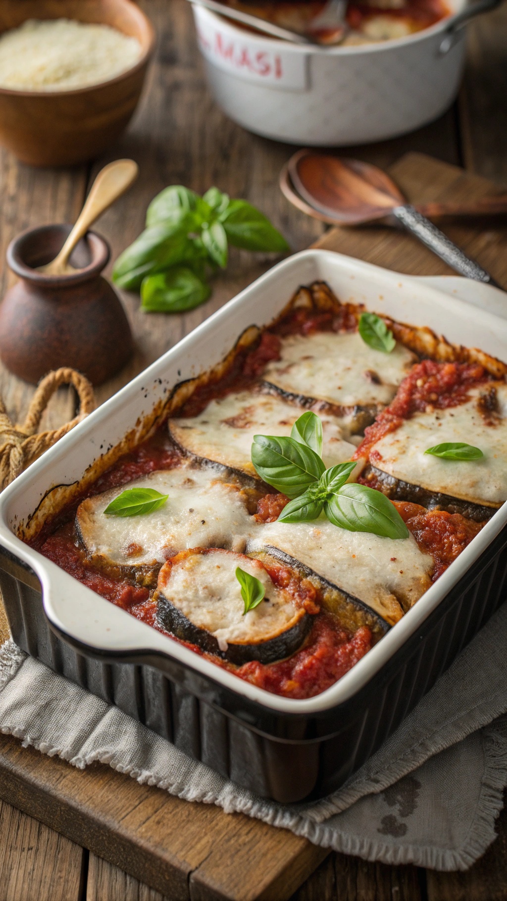 A dish of baked eggplant parmesan with layers of cheese and tomato sauce, garnished with fresh basil.
