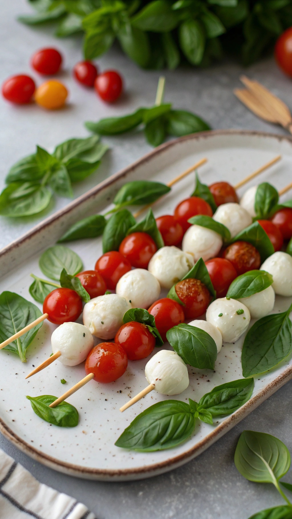 Mini Caprese skewers with cherry tomatoes, mozzarella balls, and basil leaves on a plate