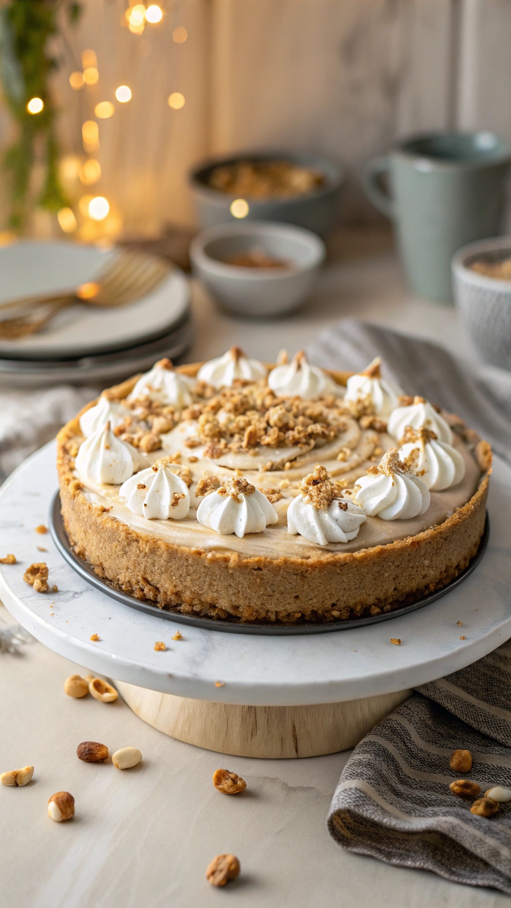 A no-bake peanut butter pie with whipped cream and chopped peanuts on top, displayed on a marble cake stand.