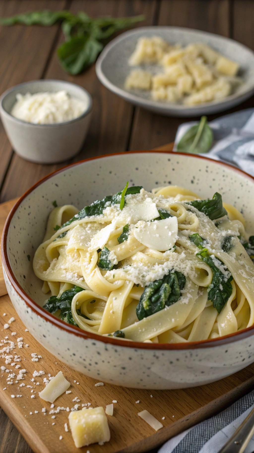 A bowl of spinach and ricotta pasta garnished with cheese and fresh spinach leaves.