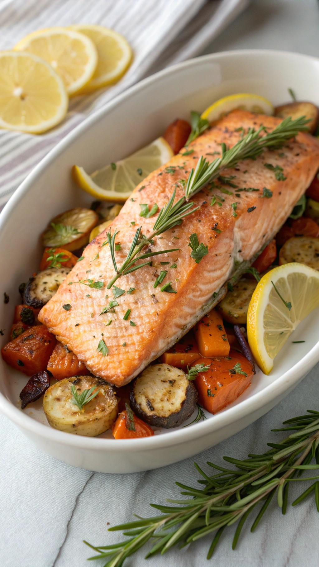 Oven-baked salmon with mixed vegetables and lemon slices