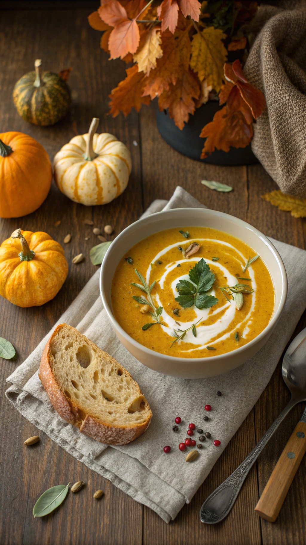 A bowl of creamy pumpkin soup garnished with herbs, surrounded by small pumpkins and a slice of bread.