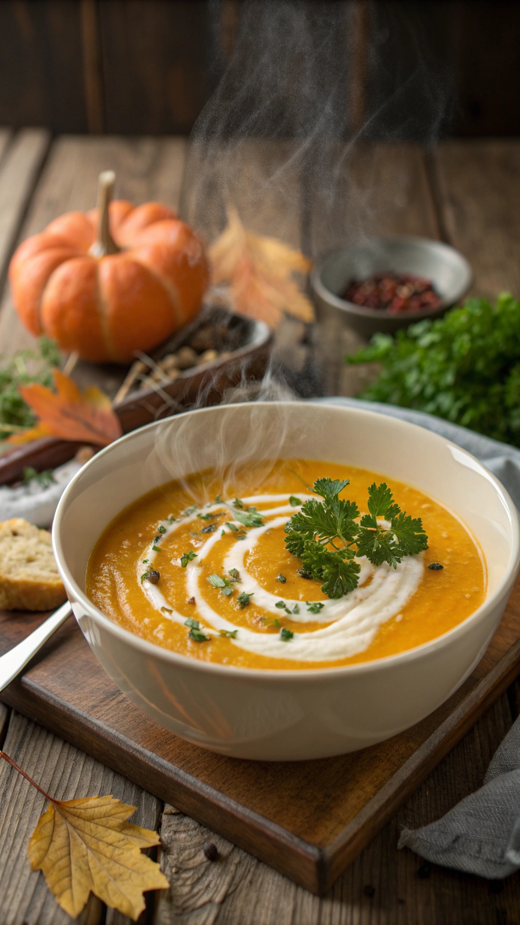 A bowl of steaming pumpkin soup garnished with cilantro and yogurt, with a pumpkin and autumn leaves in the background.