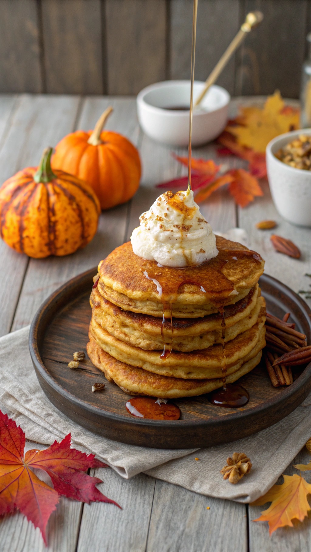 A stack of pumpkin spice pancakes topped with whipped cream and syrup, surrounded by autumn leaves and small pumpkins.