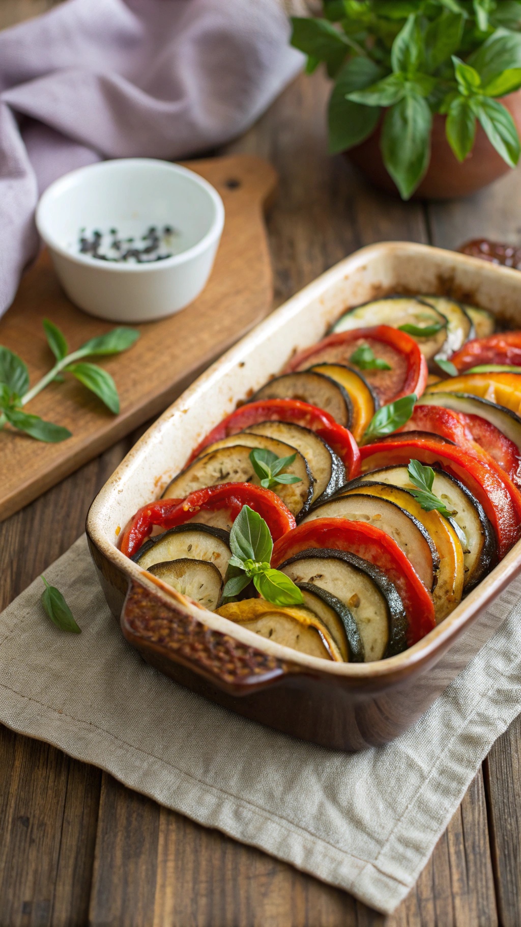 A colorful ratatouille dish with layers of sliced vegetables and fresh herbs