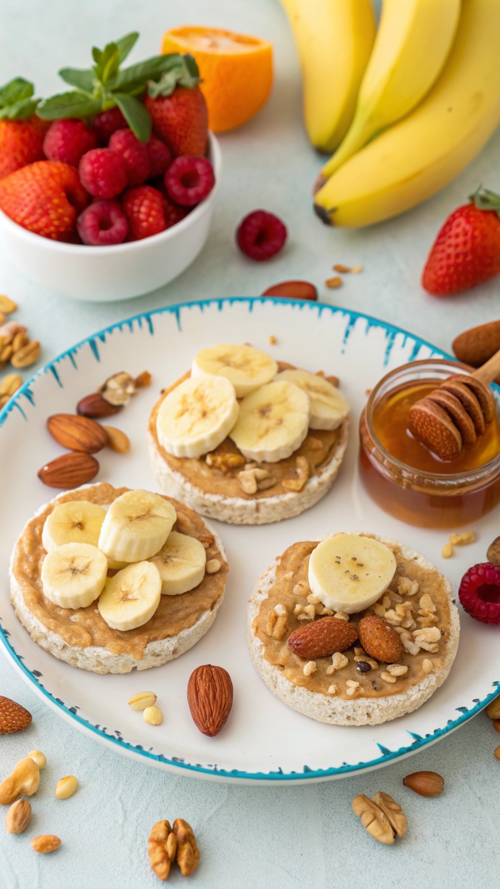 Rice cakes topped with peanut butter and banana slices, surrounded by fresh fruits and nuts.