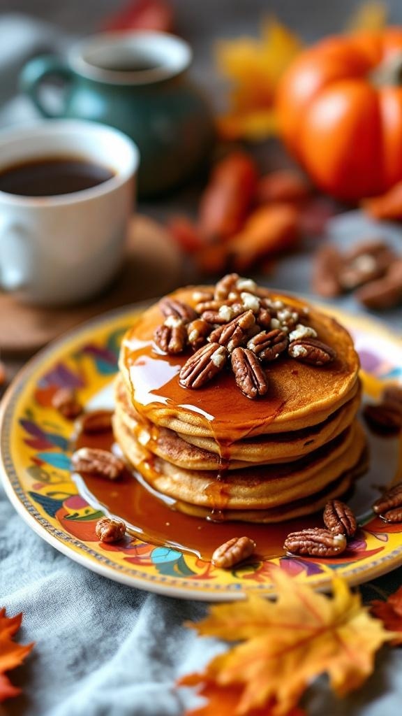 A stack of sweet potato pancakes topped with pecans and syrup, surrounded by autumn leaves and pumpkins.