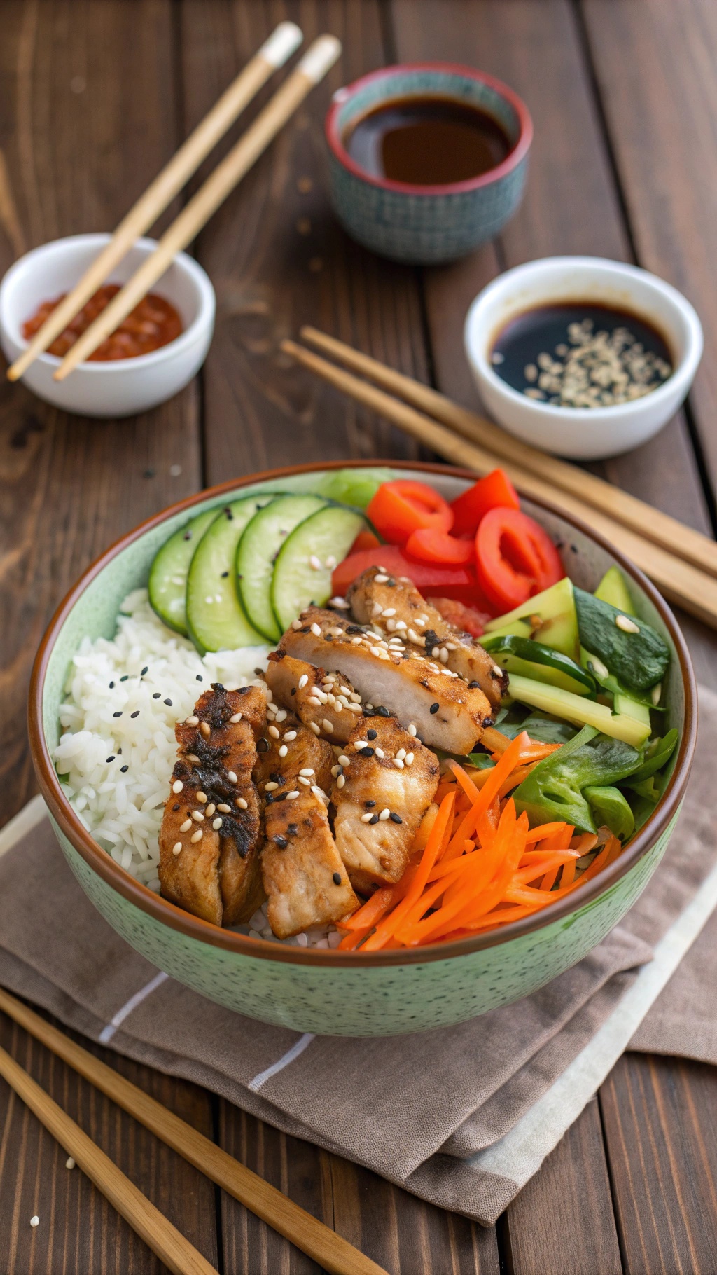 A colorful bowl of teriyaki chicken with rice and fresh vegetables