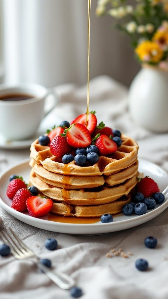 Whole grain waffles topped with fresh strawberries and blueberries, drizzled with syrup