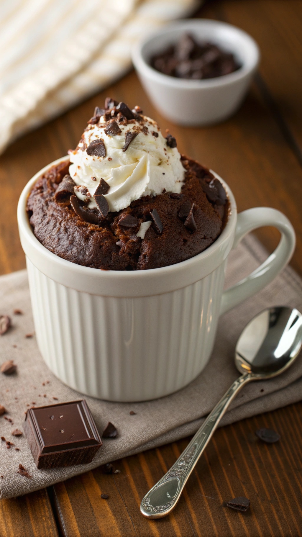 A chocolate mug cake topped with whipped cream and chocolate shavings in a white mug.