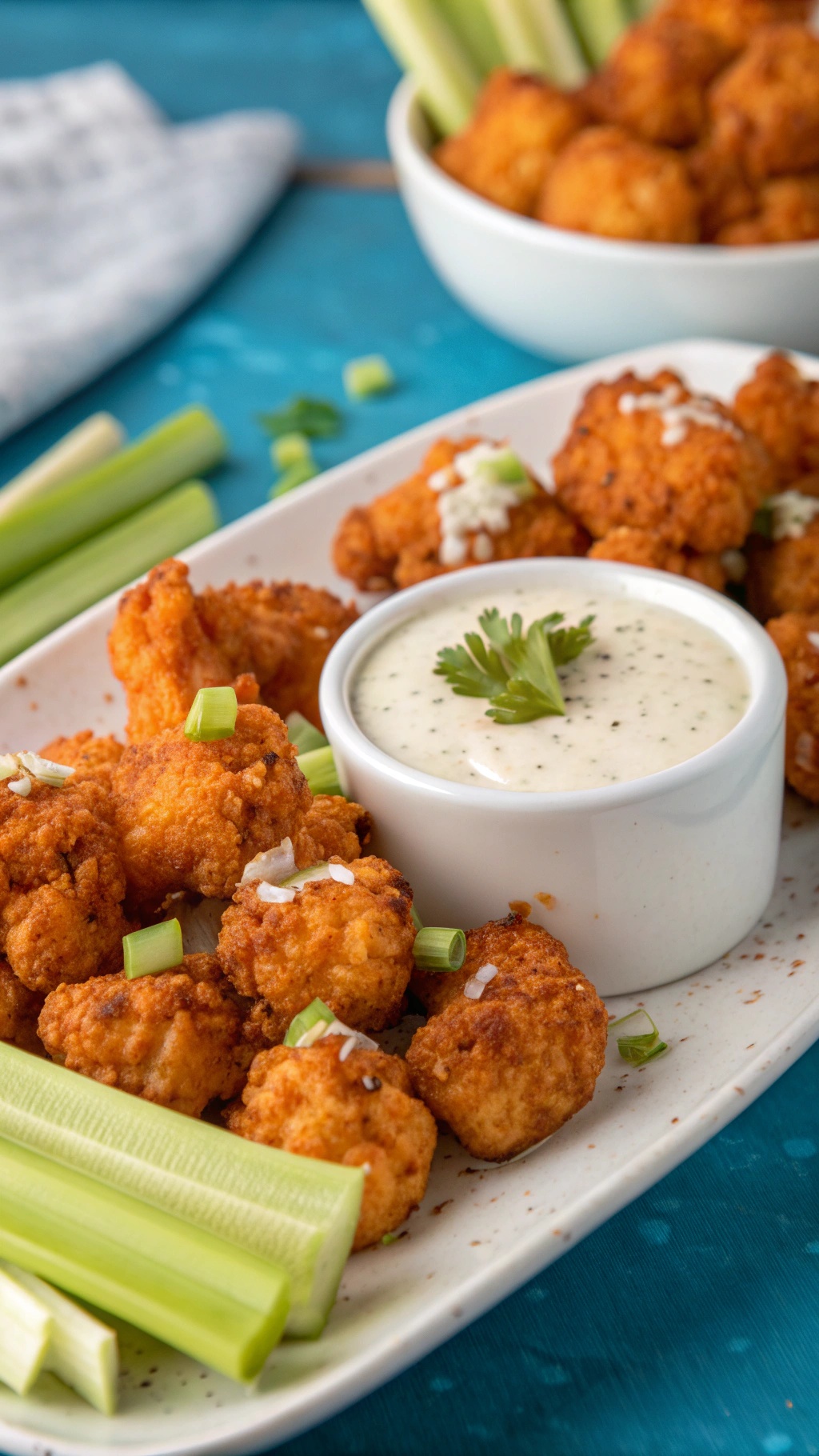 A plate of crispy vegan buffalo cauliflower bites with celery sticks and ranch dressing.