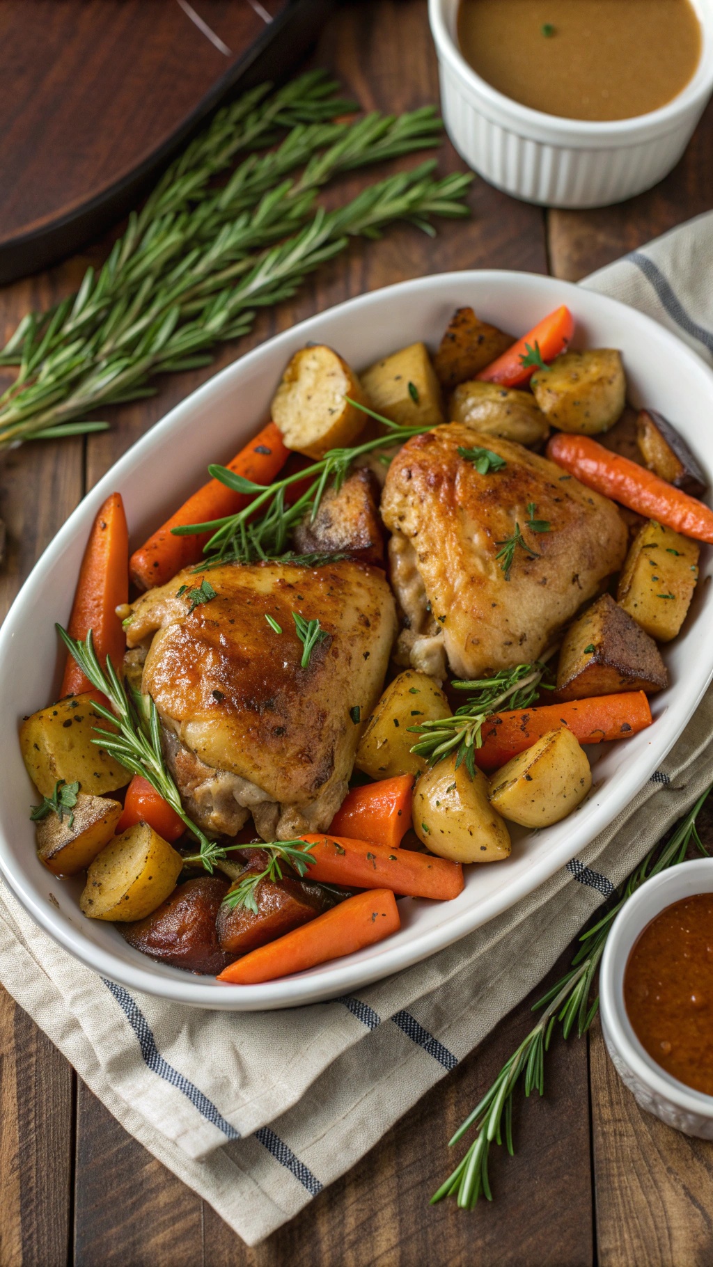 Baked chicken thighs with vegetables, including potatoes and carrots, garnished with rosemary.
