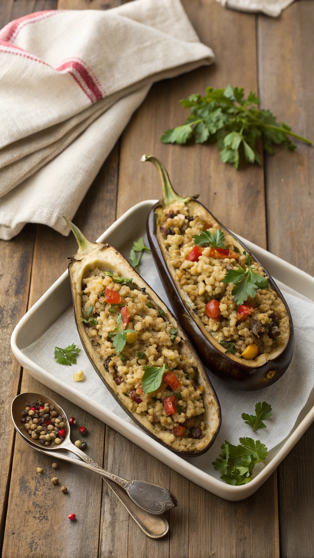 Stuffed eggplant boats filled with quinoa, red peppers, and herbs on a wooden table.