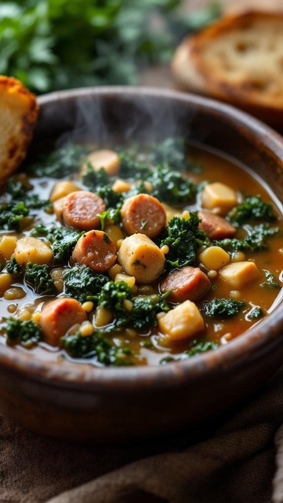 A bowl of sausage and kale soup with chunks of sausage, potatoes, and vibrant greens, served with crusty bread.