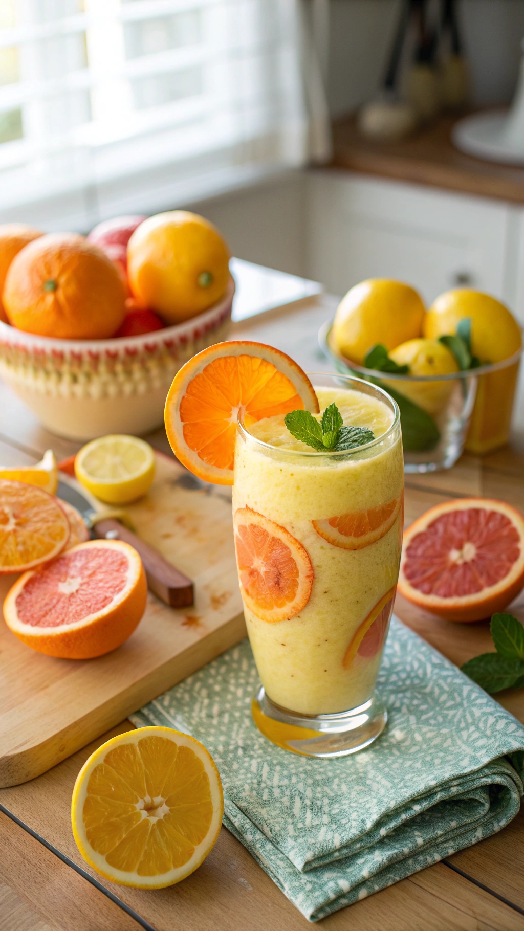 A refreshing Citrus Sunrise Smoothie in a glass, garnished with orange slices and mint, surrounded by various citrus fruits.