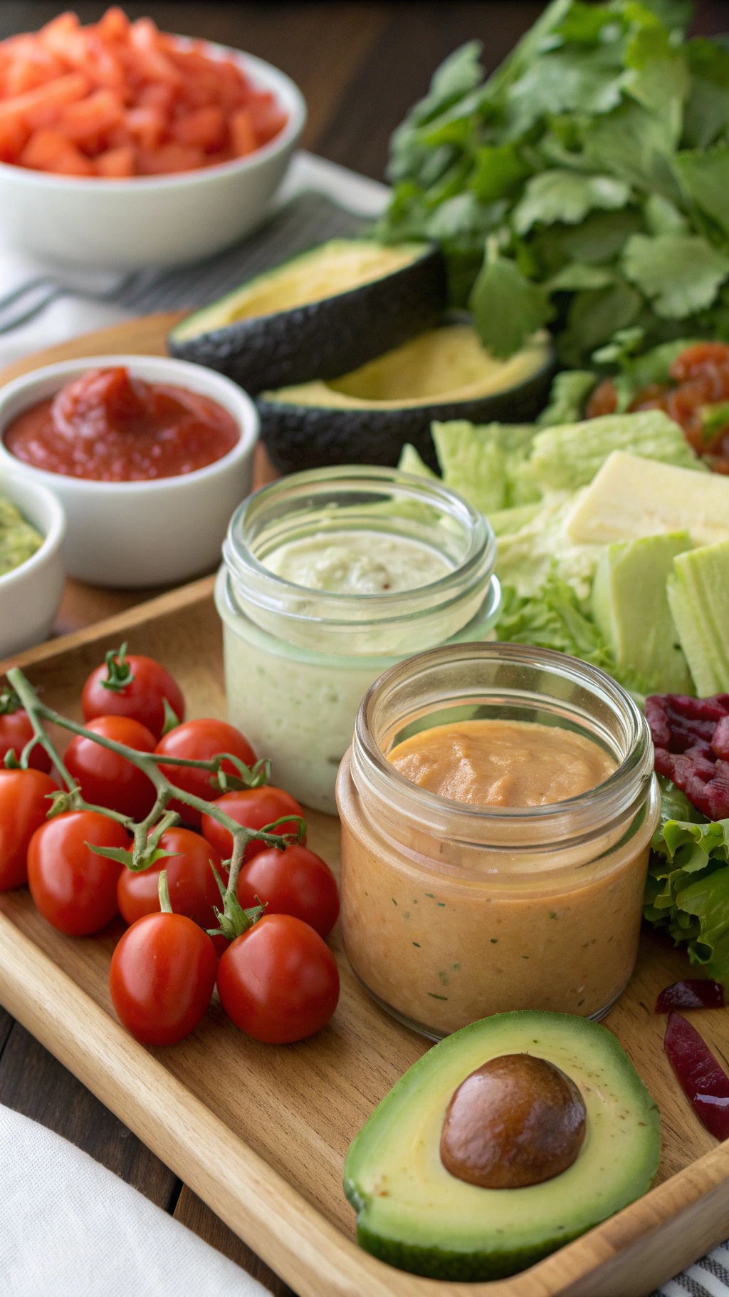 A wooden platter with various dressings and fresh ingredients for a taco salad bar.