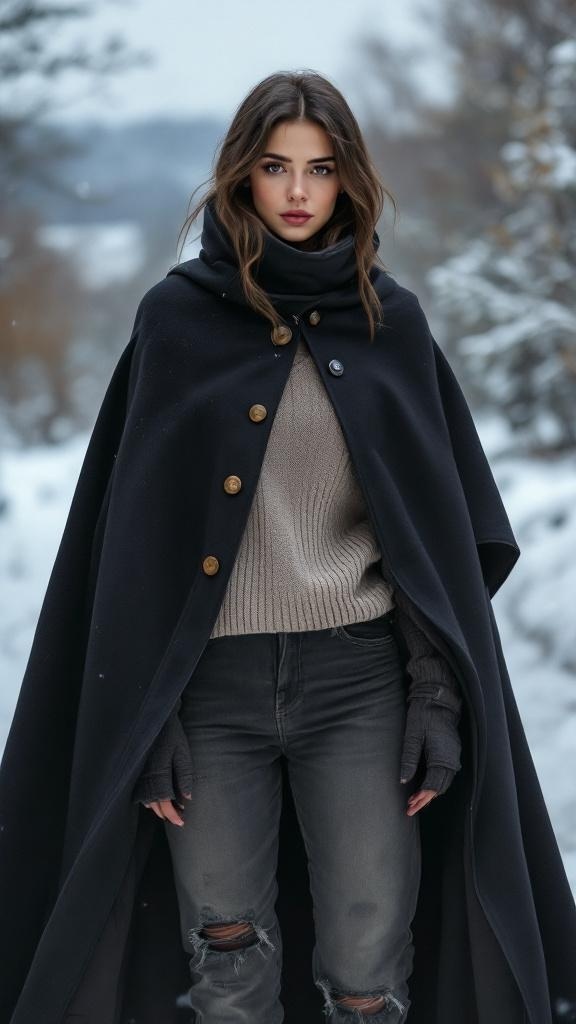 A woman wearing a black cape over a beige sweater and distressed jeans, standing outdoors in a snowy setting.