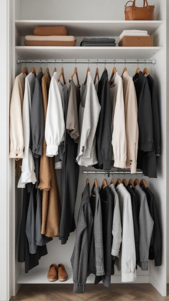 Two people discussing outfit choices in a stylish closet with organized clothes.