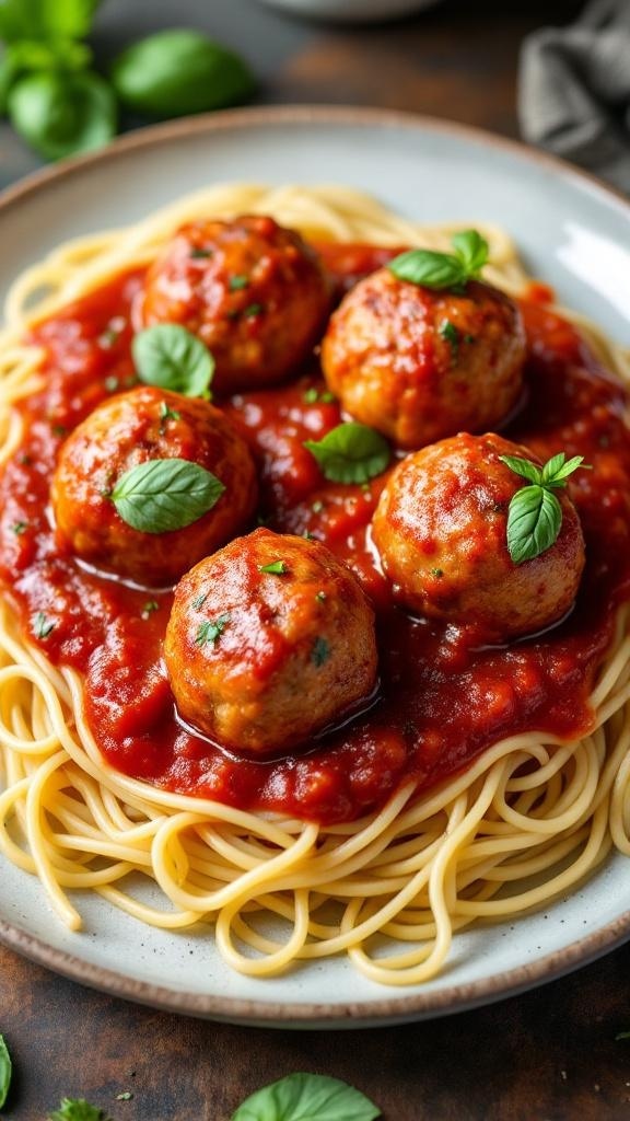 A plate of air fryer turkey meatballs with marinara sauce and spaghetti, garnished with fresh basil.