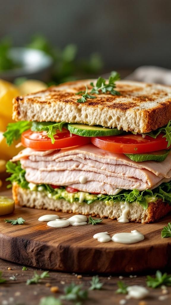 A delicious turkey and avocado sandwich with layers of turkey, avocado, lettuce, and tomato on toasted whole grain bread.