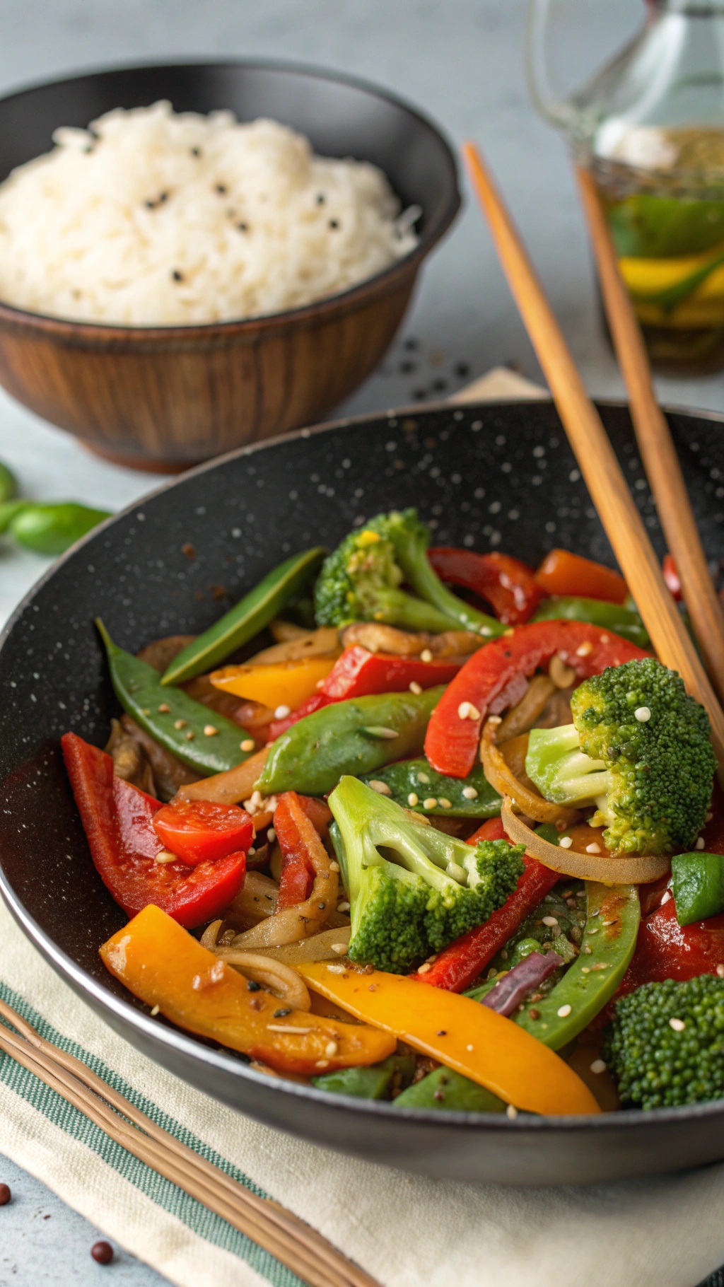 A colorful veggie stir-fry with broccoli, bell peppers, and snap peas in a black pan, served with rice.