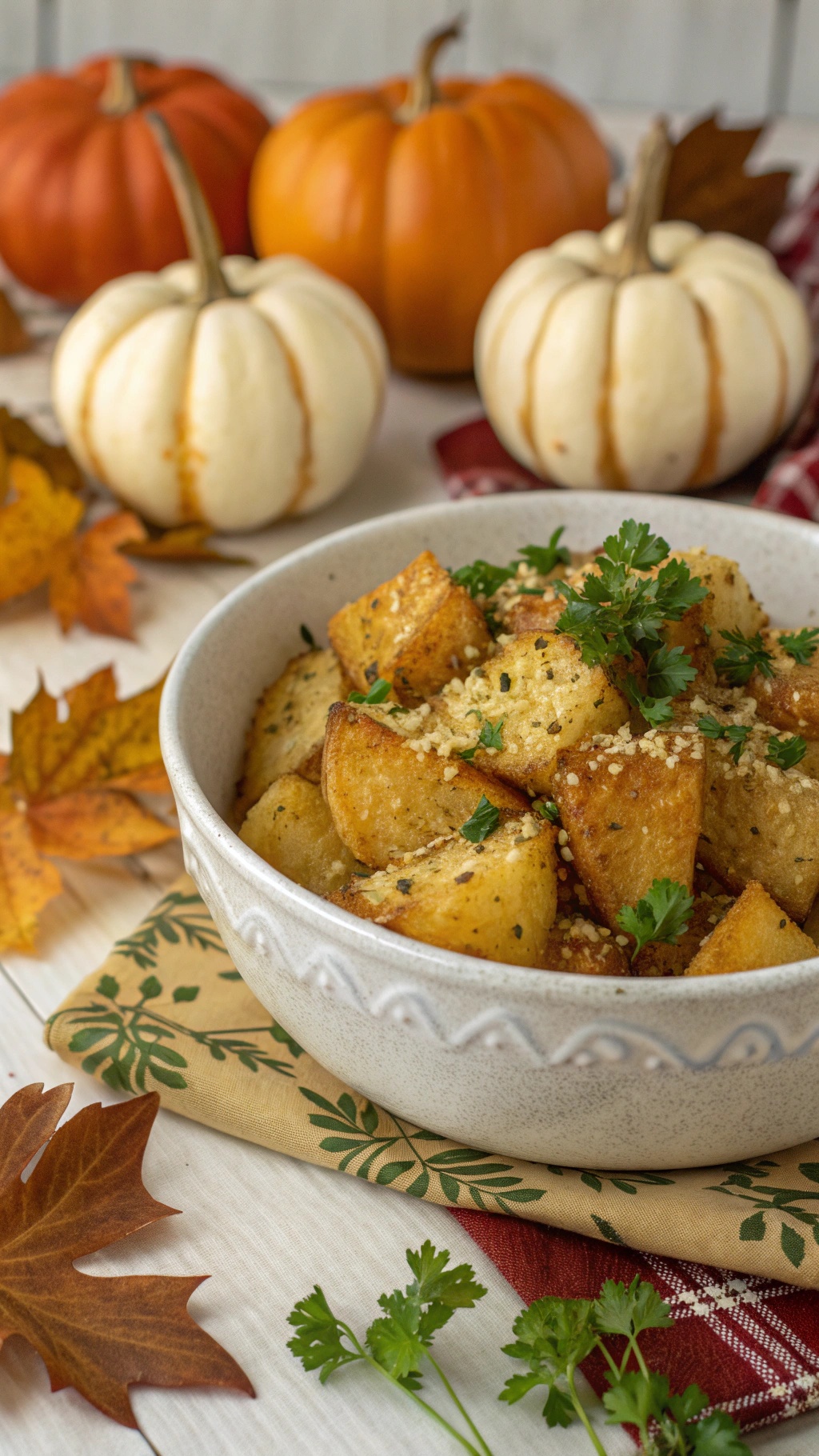 A bowl of garlic Parmesan potatoes surrounded by autumn decorations including pumpkins and leaves.