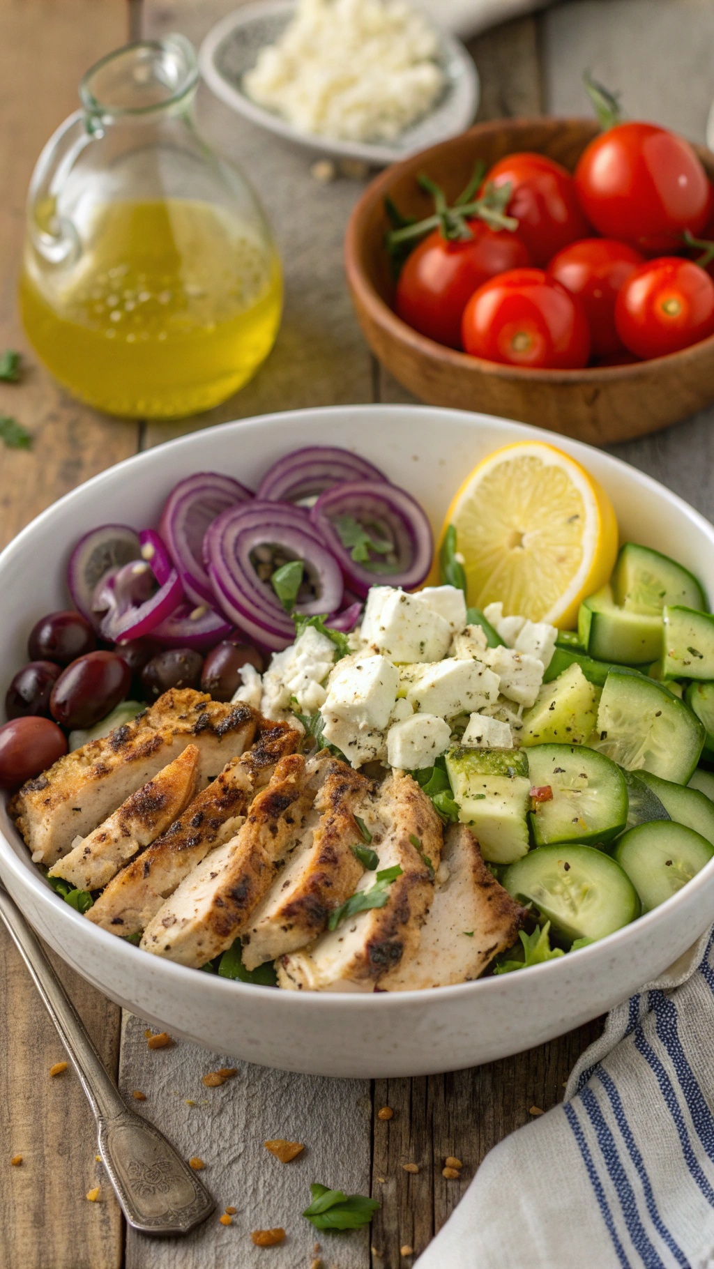A bowl filled with grilled chicken, cucumbers, tomatoes, red onions, and feta cheese, garnished with lemon.