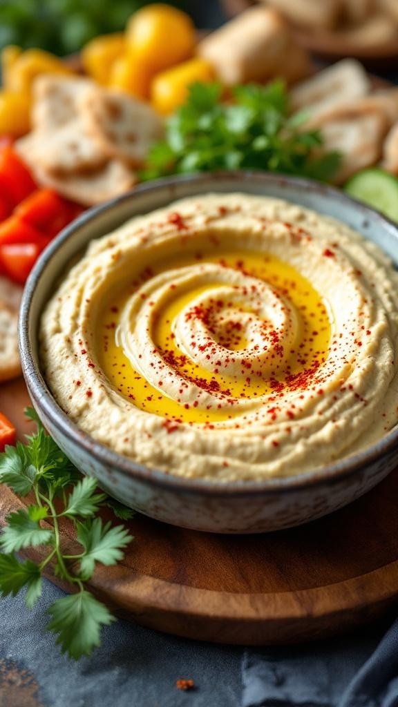 A bowl of homemade hummus garnished with olive oil and paprika, surrounded by fresh vegetables and pita bread.