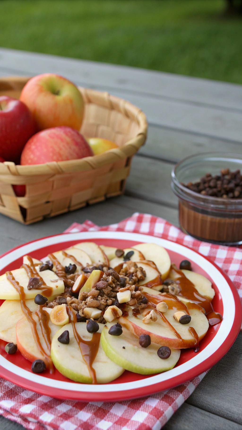A plate of apple nachos topped with caramel, nuts, and chocolate chips.