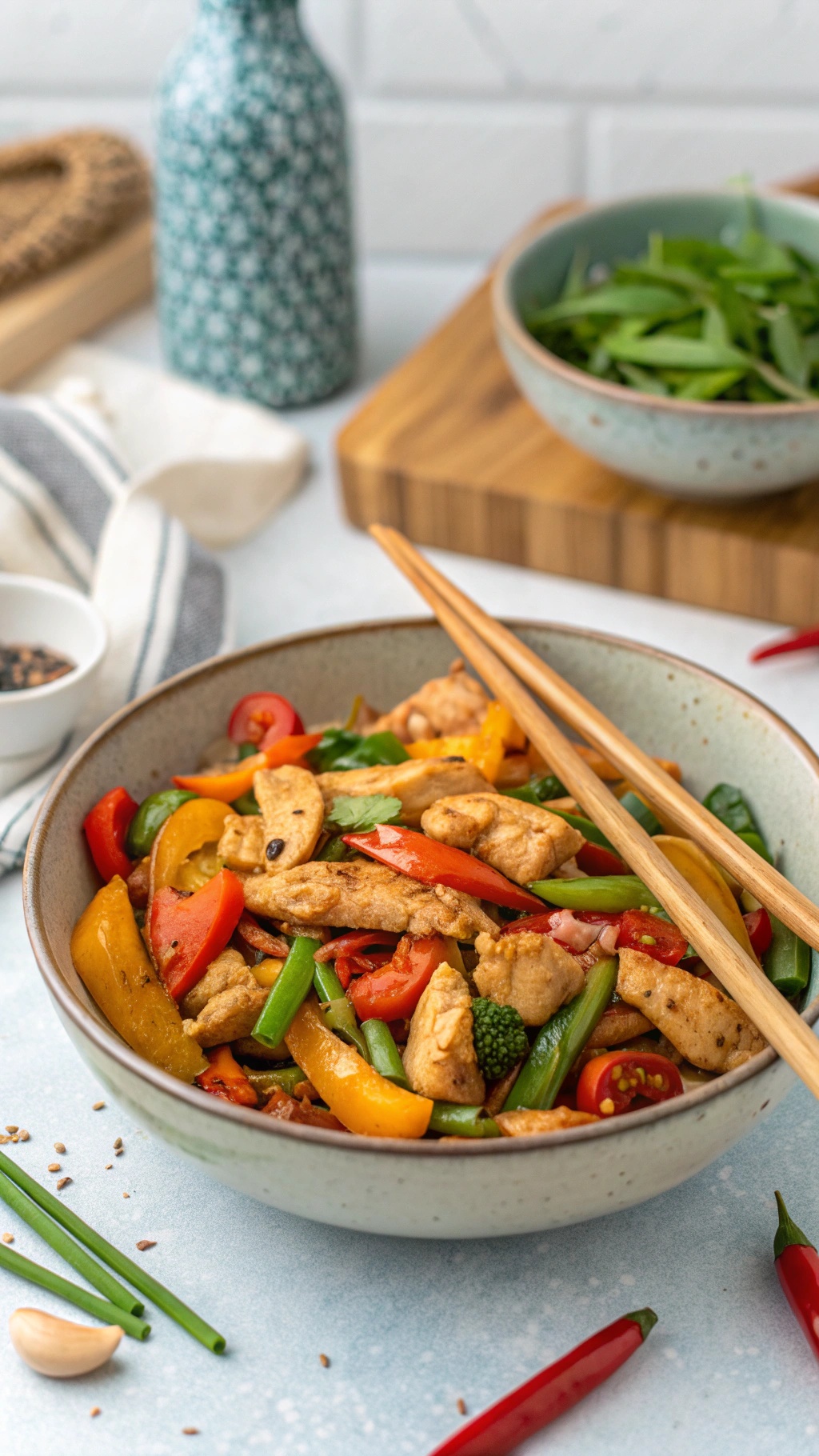 A colorful bowl of baked chicken stir-fry with vegetables, featuring bell peppers, green beans, and broccoli, served with chopsticks.